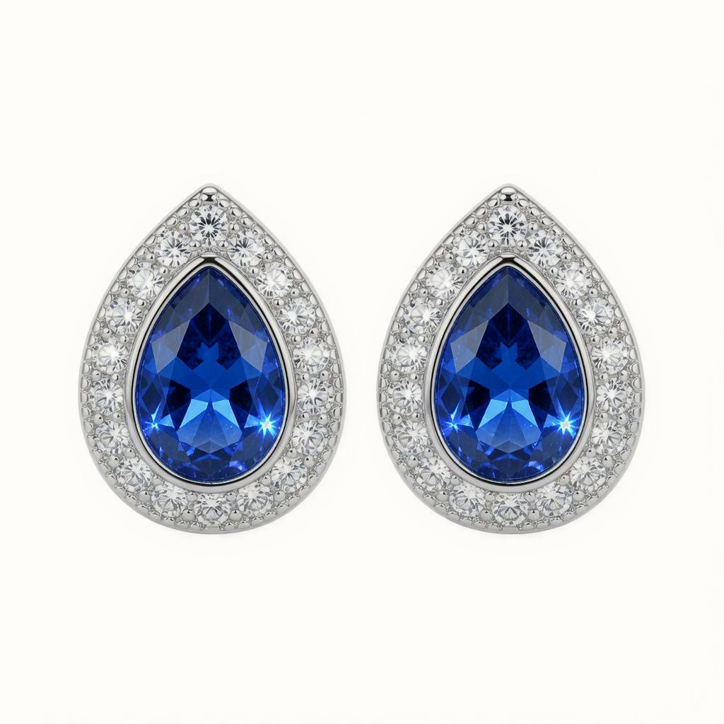 Sterling Silver Rhodium Pear Shape Stud Earrings Sapphire Centre CZ – AES223B