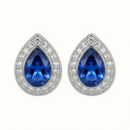 Sterling Silver Rhodium Pear Shape Stud Earrings Sapphire Centre CZ – AES223B