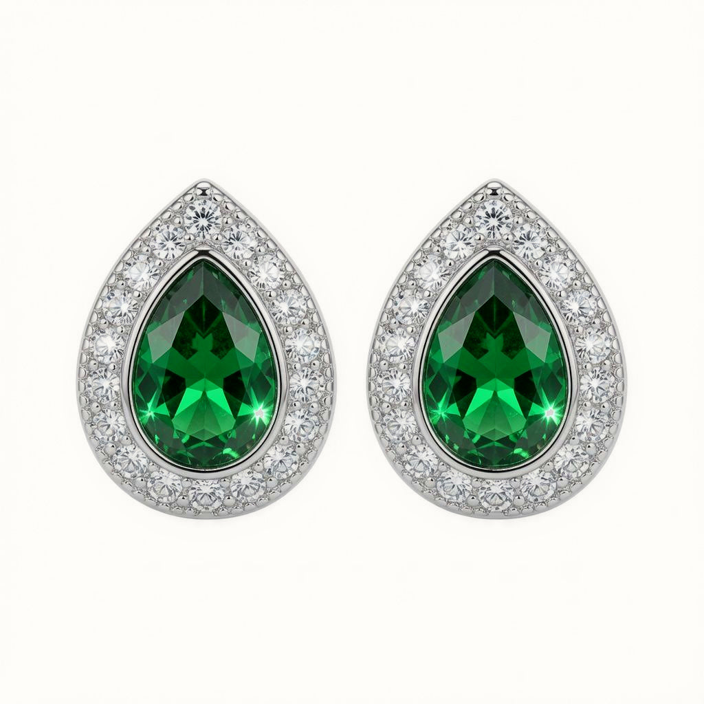 Sterling Silver Rhodium Pear Shape Stud Earrings Emerald Centre CZ – AES223G