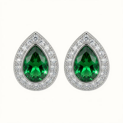 Sterling Silver Rhodium Pear Shape Stud Earrings Emerald Centre CZ – AES223G
