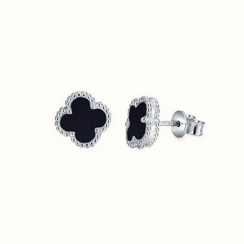 Sterling Silver Rhodium Clover Stud Earrings Onyx – AES224