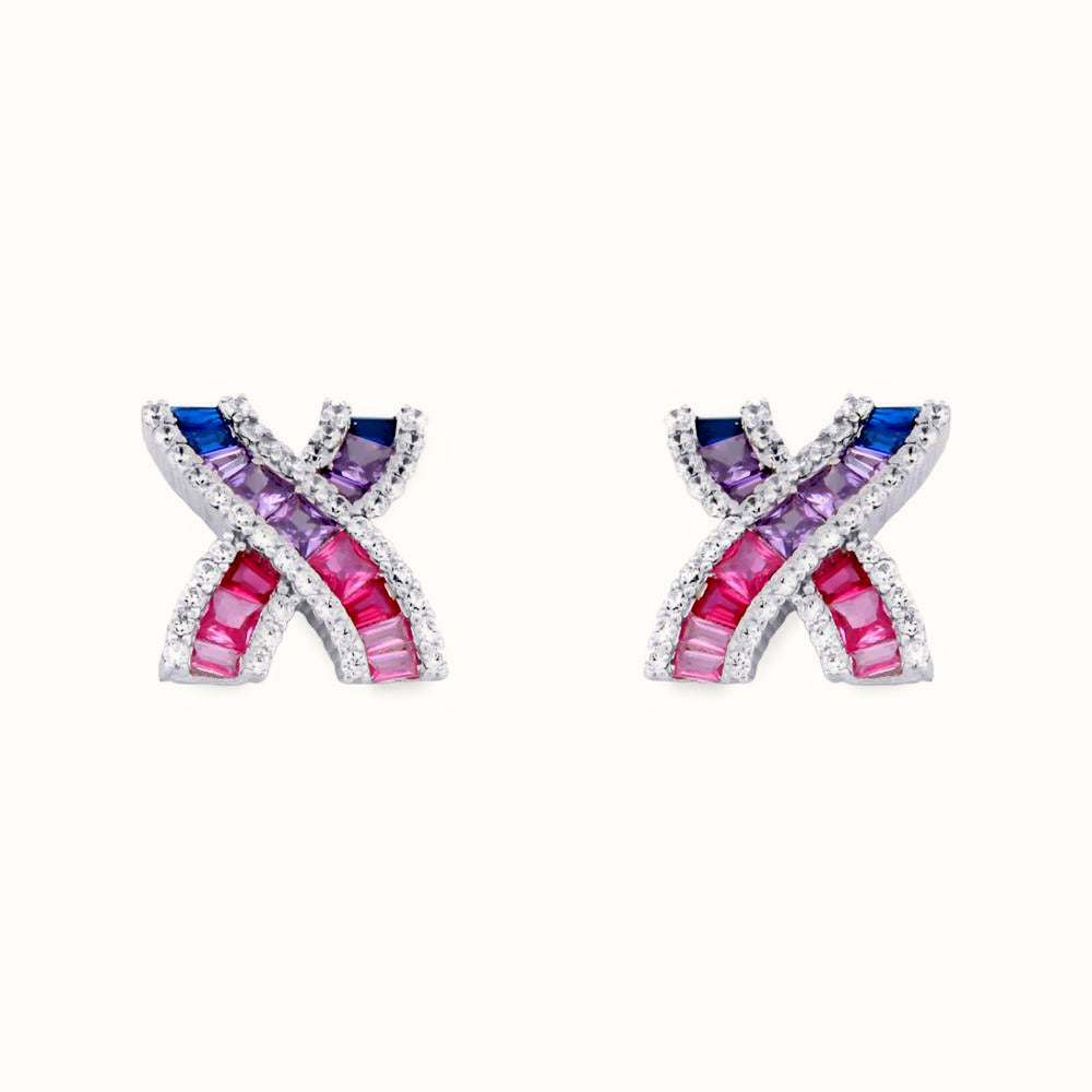 Sterling Silver Rhodium Plated Multo Col CZ Set Kisses Stud Earrings – AES232