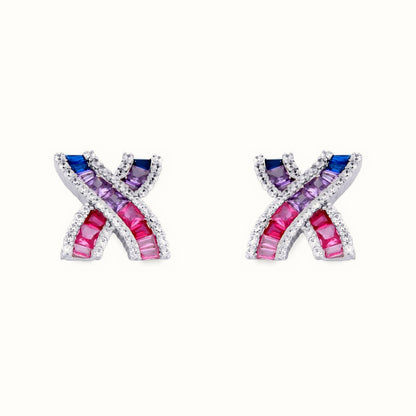 Sterling Silver Rhodium Plated Multo Col CZ Set Kisses Stud Earrings – AES232