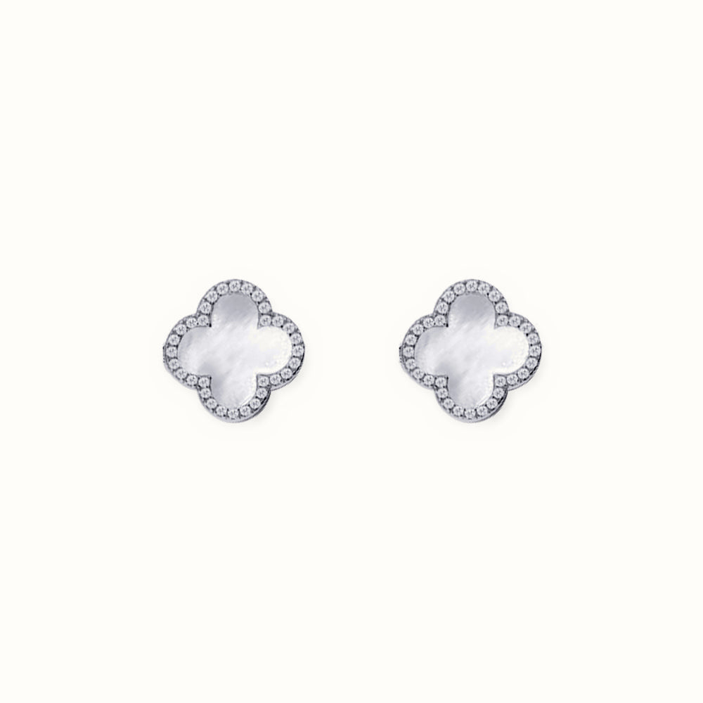 Sterling Silver Rhodium CZ Set 5 Clover Stud Earrings MOP White Colour – AES259