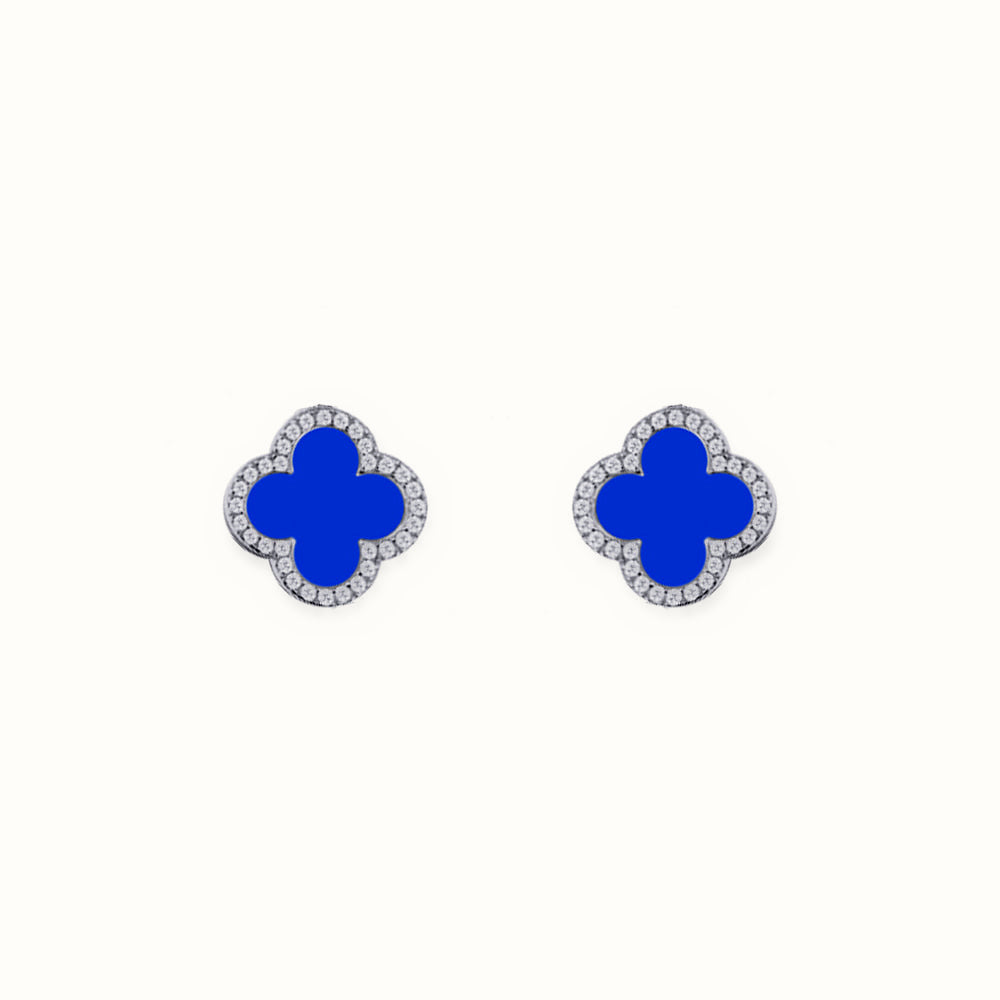 Sterling Silver Rhodium CZ Set 5 Clover Stud Earrings Blue Agate Colour – AES260