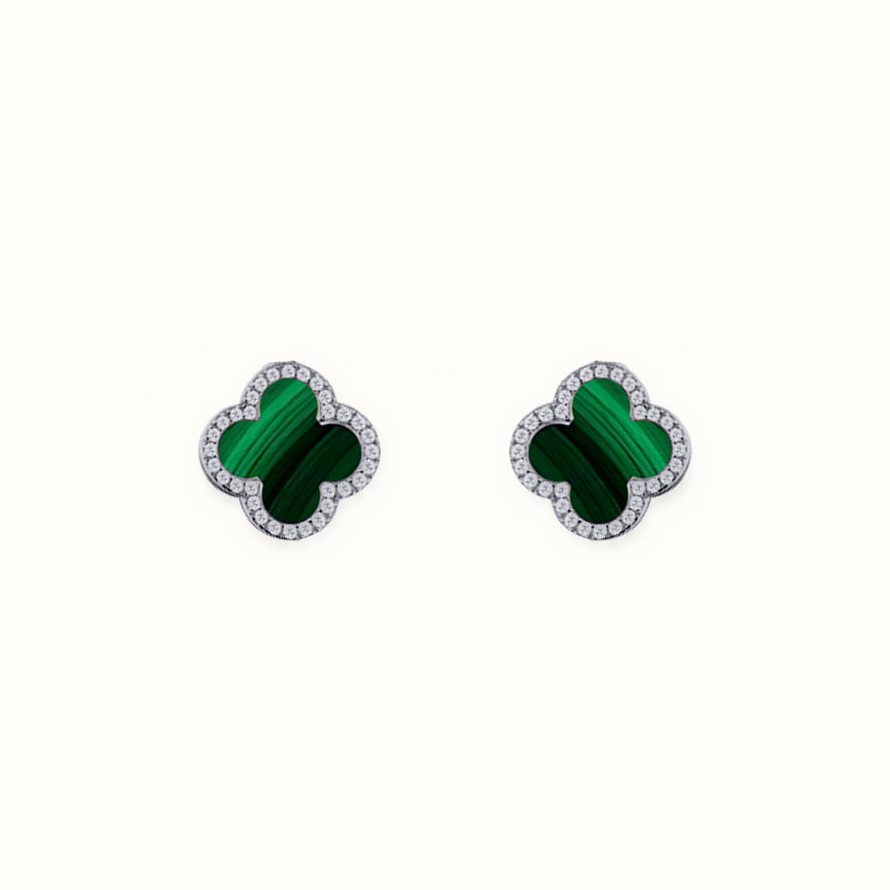 Sterling Silver Rhodium CZ Set 5 Clover Stud Earrings Malachite Green Colour – AES261