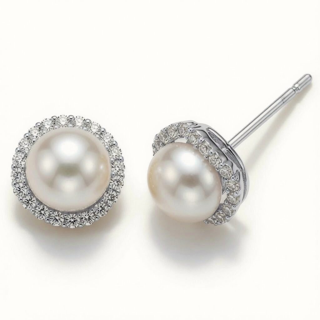 Sterling Silver Pearl CZ Halo Stud Earrings – AES307