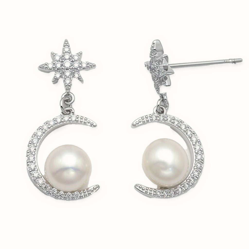 Sterling Silver Pearl CZ Star Moon Drop Earrings – AES310