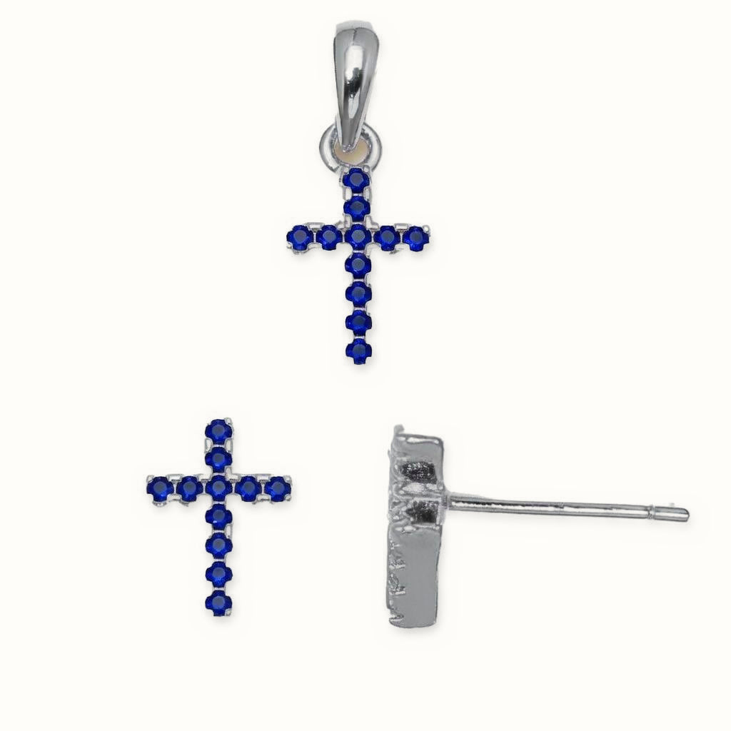 Sterling Silver Blue CZ Cross Stud Earrings – AES313B