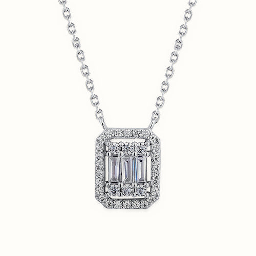 Sterling Silver Rhodium Plated CZ Set Emerald Shape Cluster Necklace – ANC087