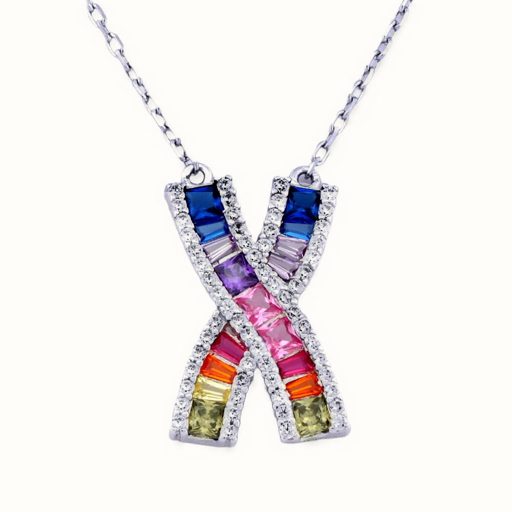 Sterling Silver Rhodium Plated Multi Col CZ Set Kisses Necklace – ANC091
