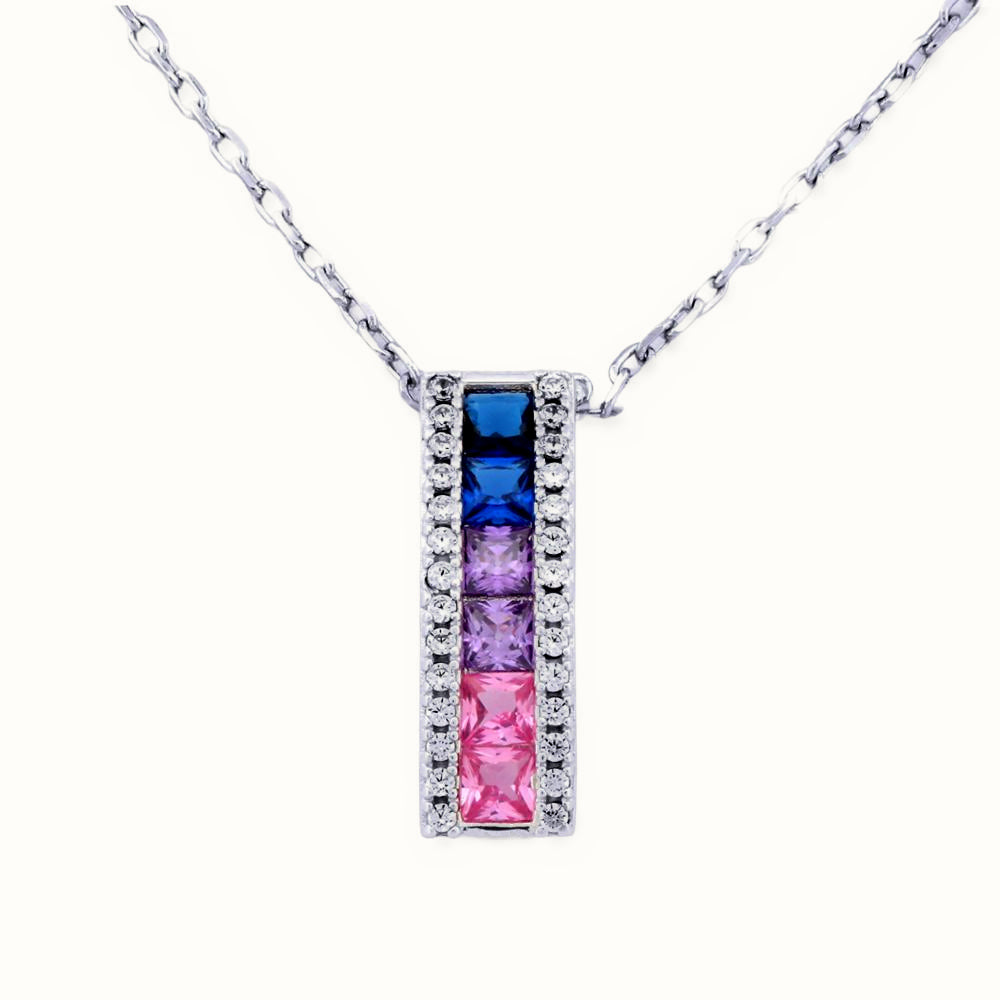 Sterling Silver Rhodium Plated Multi Col CZ Set Bar Necklace – ANC092