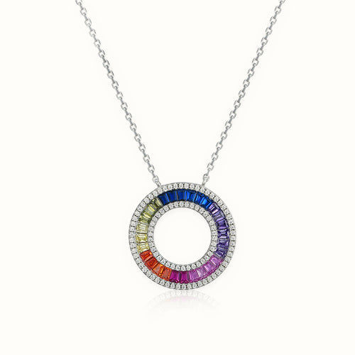 Sterling Silver Rhodium Plated Multi Col CZ Set Circle of Life Necklace – ANC093