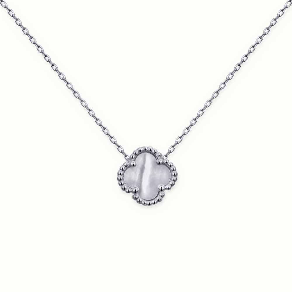 Sterling Silver Rhodium Single Clover Necklace MOP White Colour – ANC099