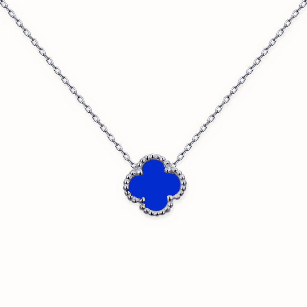 Sterling Silver Rhodium Single Clover Necklace Blue Agate Colour – ANC100