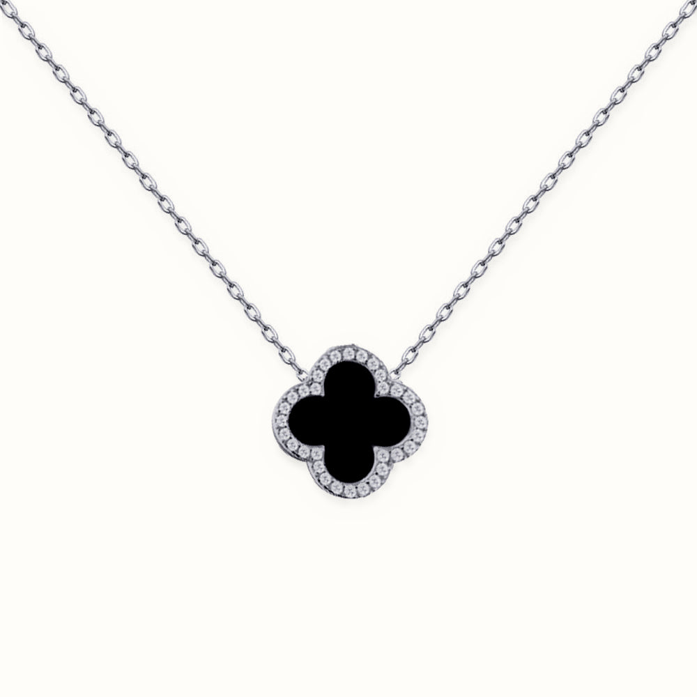 Sterling Silver Rhodium CZ Set Single Clover Necklace Black Onyx Colour – ANC102