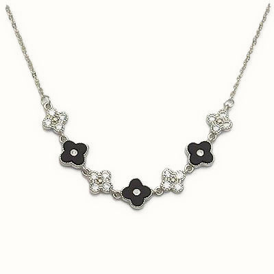 Sterling Silver CZ Black Enamel Flower Necklace – ANC130