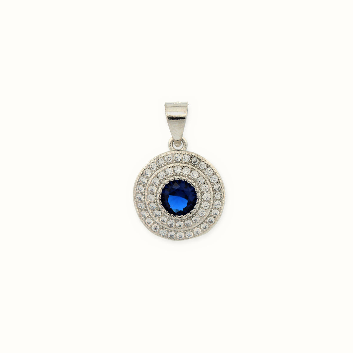 Sterling Silver Rhodium Halo Pendant Sapphire Centre CZ – APD226B
