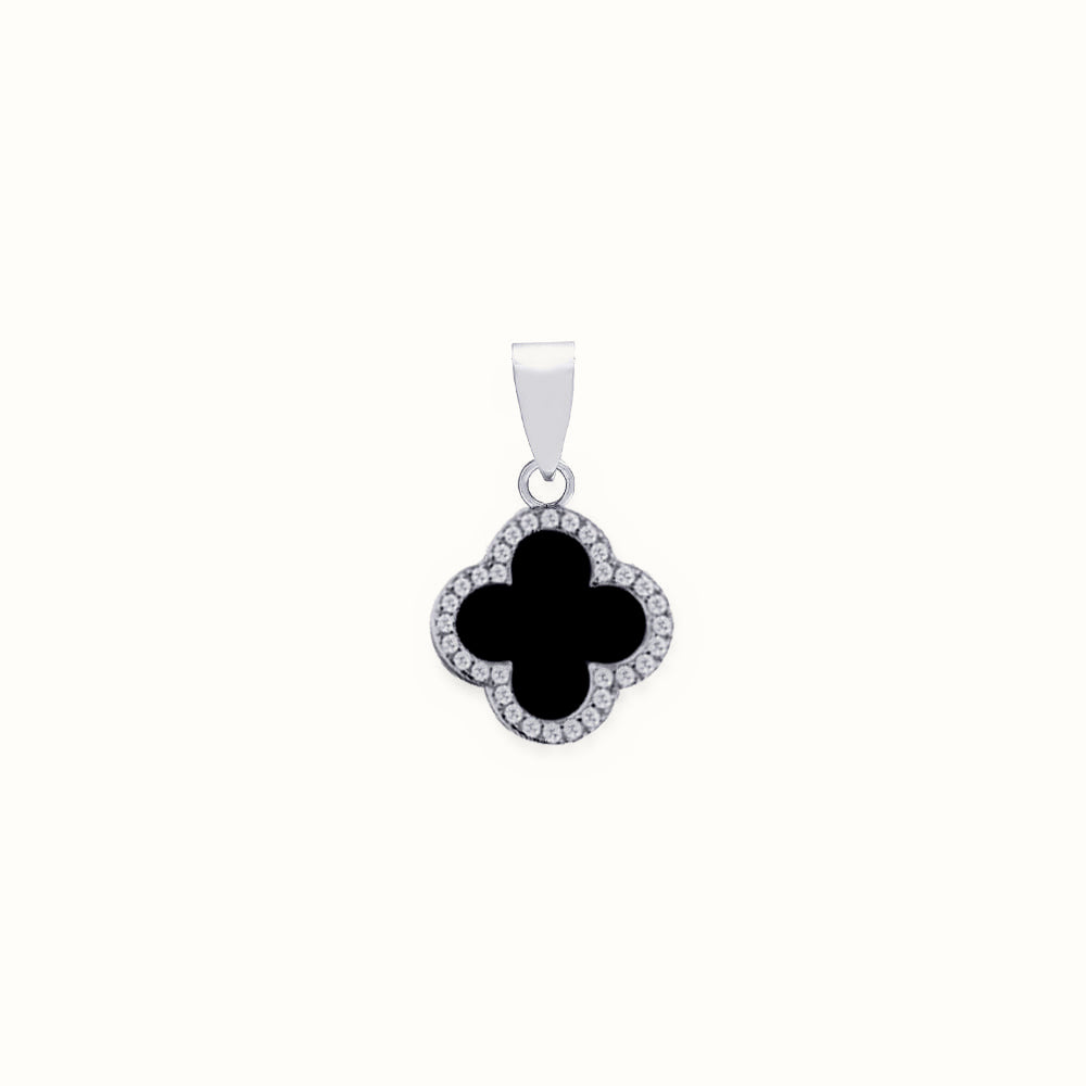 Sterling Silver Rhodium CZ Set Single Clover Pendant Black Onyx Colour – APD233