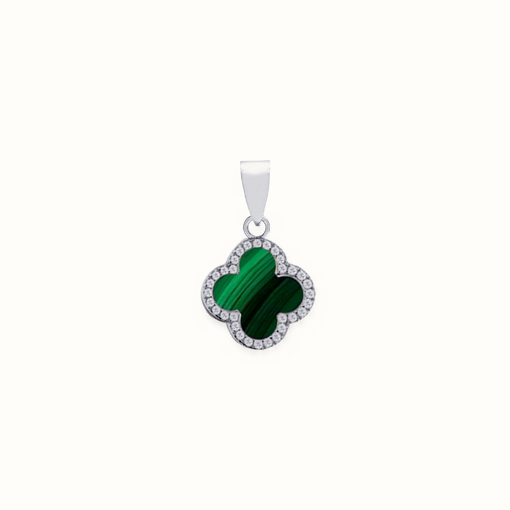 Sterling Silver Rhodium CZ Set Single Clover Pendant Malachite Green Colour – APD236