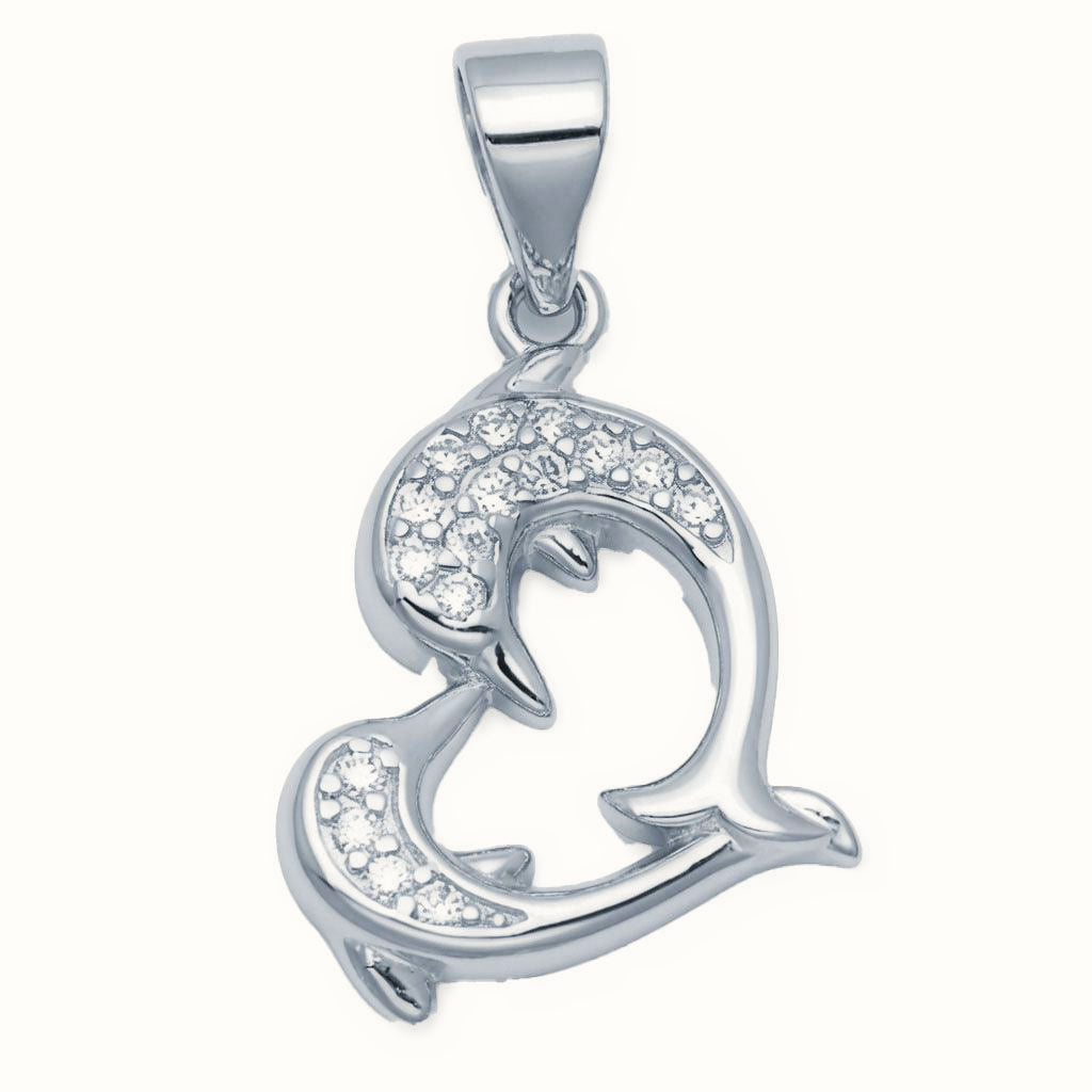 Sterling Silver CZ Dolphin Heart Pendant – APD242