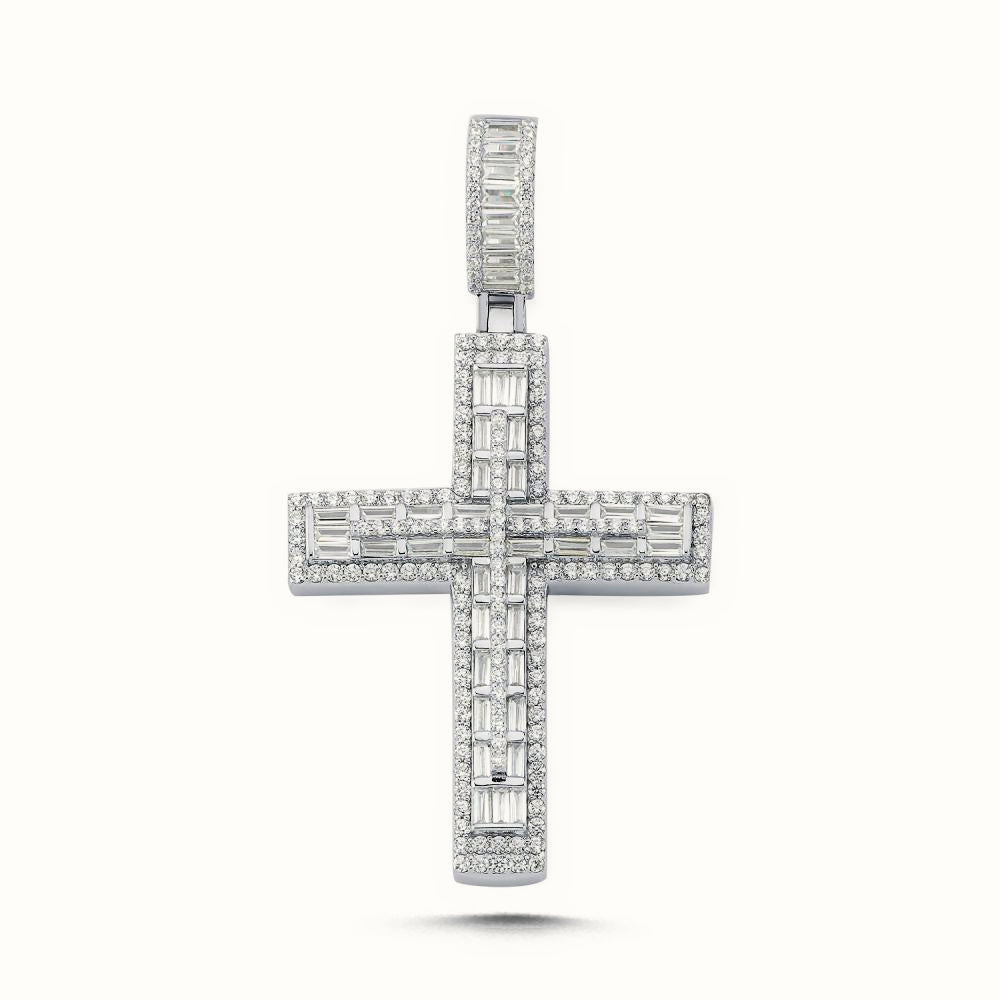 Sterling Silver Large CZ Brilliant and Baguette Cut Cross – APX037