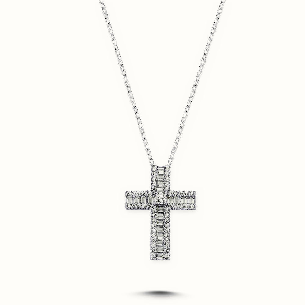 Sterling Silver Small CZ Brilliant and Baguette Cut Cross – APX040