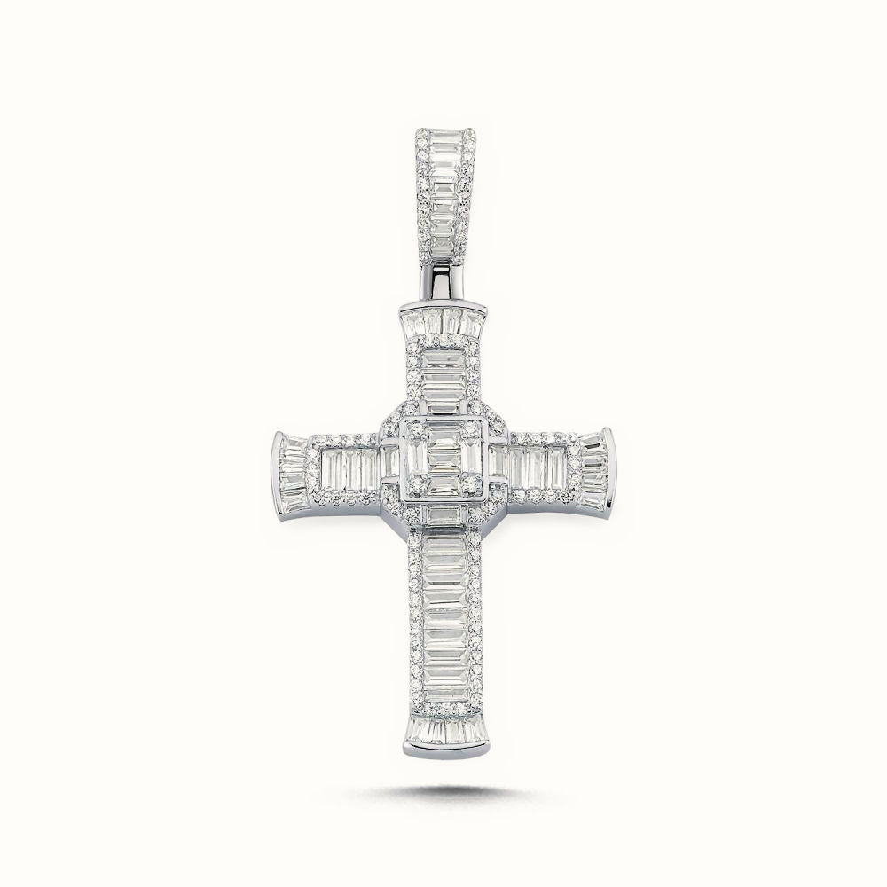 Sterling Silver Large CZ Brilliant and Baguette Cut Cross – APX041