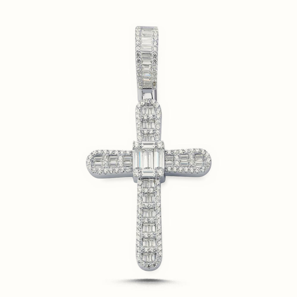 Sterling Silver Large CZ Brilliant and Baguette Cut Cross – APX042