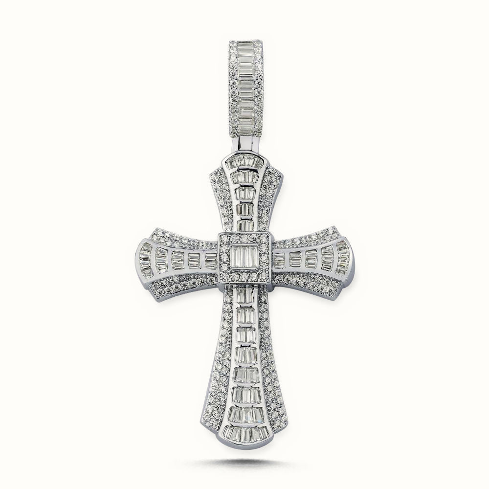 Sterling Silver Large CZ Brilliant and Baguette Cut Cross – APX043