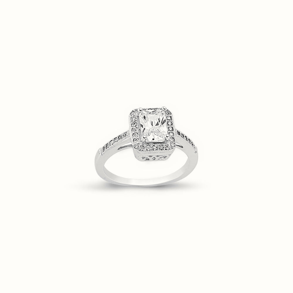 Sterling Silver CZ Emerald Cut Centre Halo Ring – ARN133