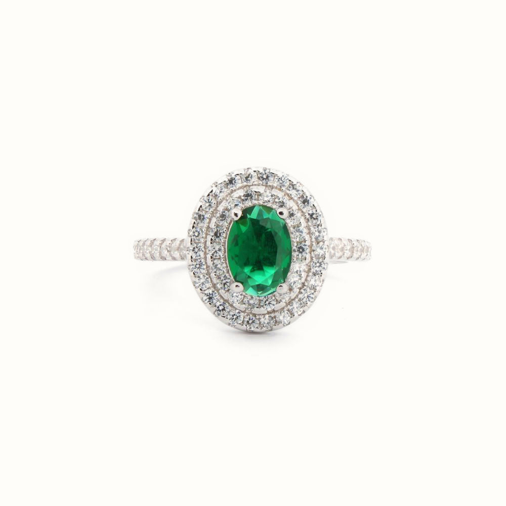Sterling Silver Rhodium CZ Set Oval Cluster Emerald Green Centre – ARN187G