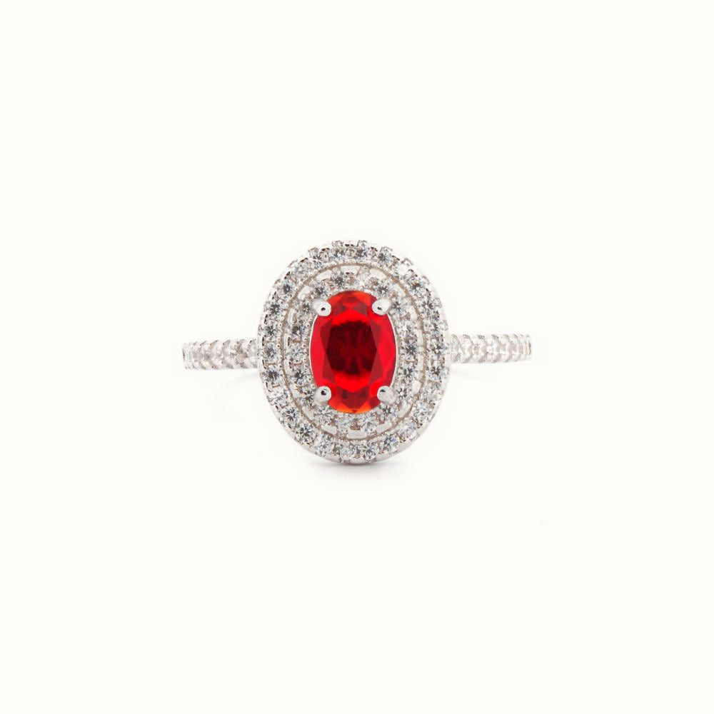 Sterling Silver Rhodium CZ Set Oval Cluster Ruby Red Centre – ARN187R