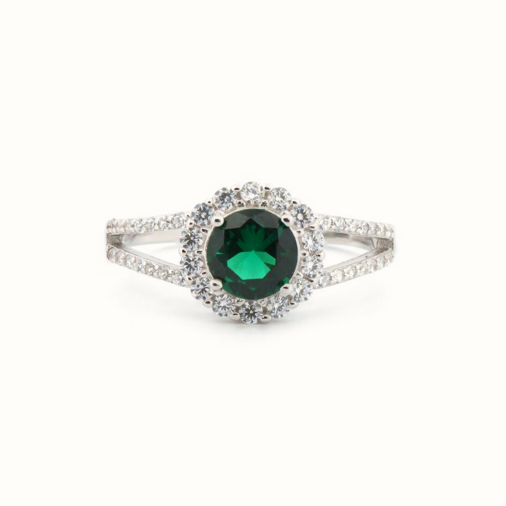 Sterling Silver Rhodium CZ Set Round Cluster Emerald Green Centre – ARN188G