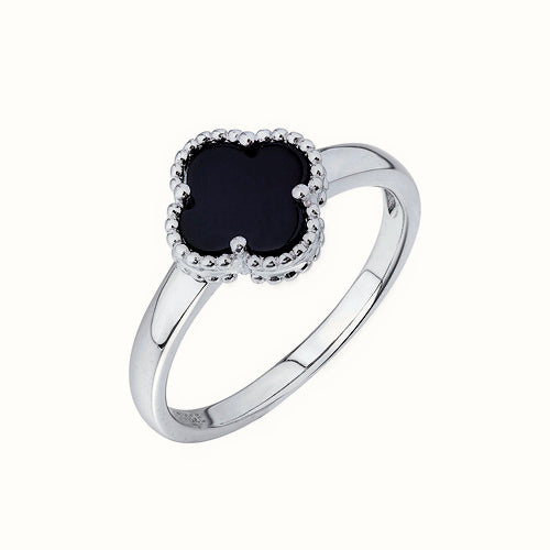 Sterling Silver Rhodium Clover Ring Onyx – ARN190