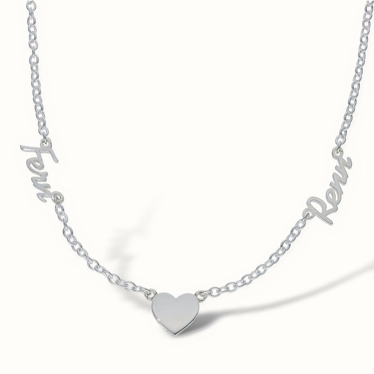 Sterling Silver Personalised Nameplate 2 names and a heart + 16" Chain – SNP032