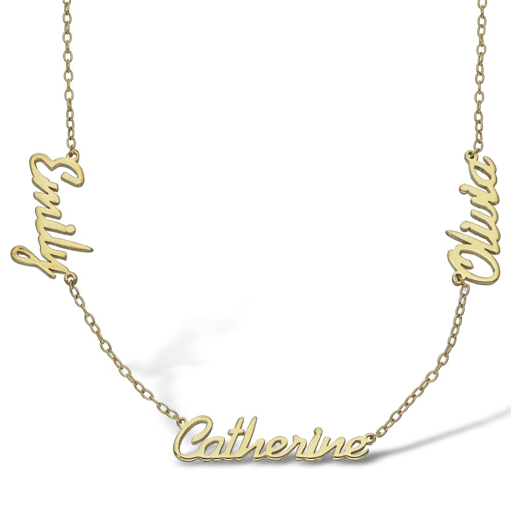 9ct yellow gold personalised necklace with three names and 16-inch chain, showing Emily, Olivia and Catherine as examples