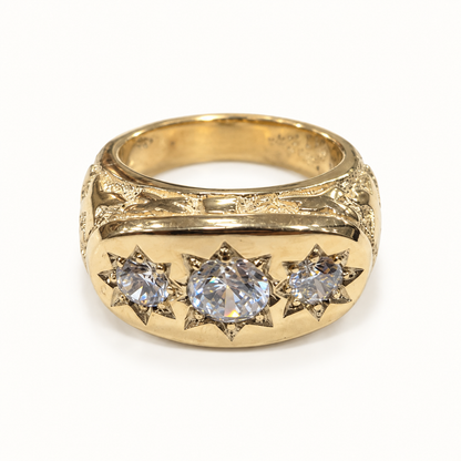 Men's 9ct yellow gold ring, front view on ivory