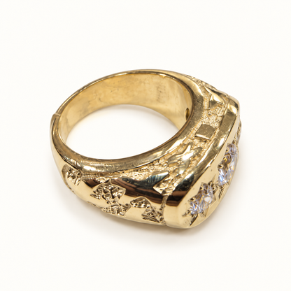 Men's 9ct yellow gold ring, side view on ivory