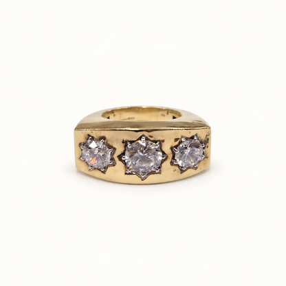 Men's 9ct yellow gold ring, front view on ivory