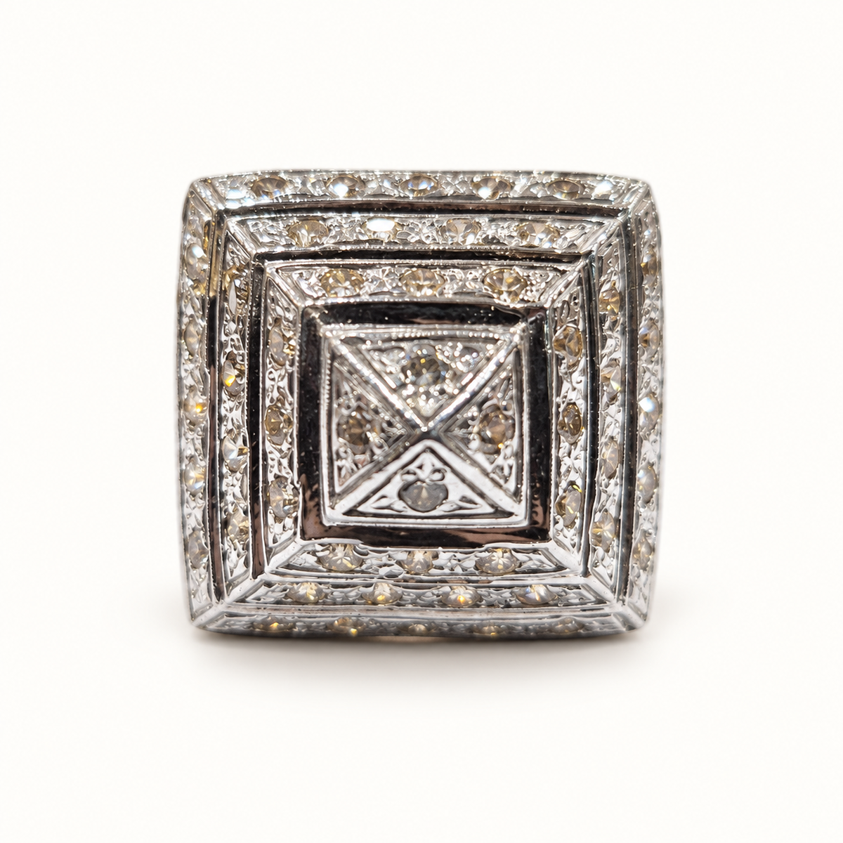 9ct Gold Pyramid CZ Ring – 51.5g – front view on ivory background