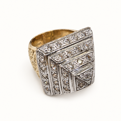 9ct Gold Pyramid CZ Ring – 51.5g – side view on ivory background