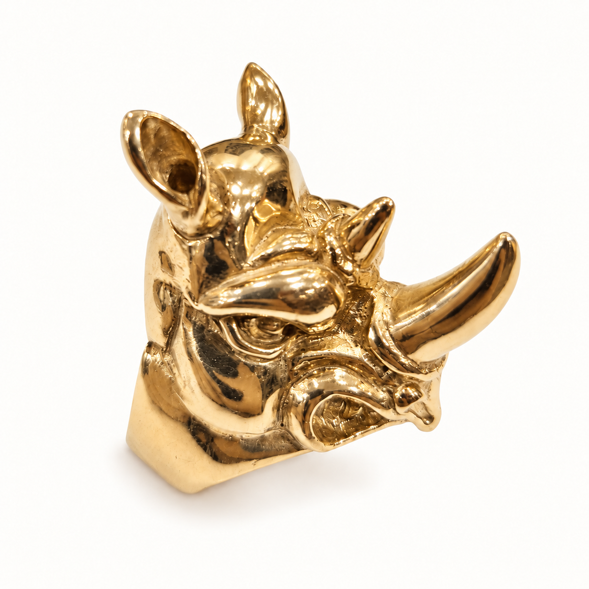 9ct Gold Rhino Head Ring – 36.8g – front view on ivory background
