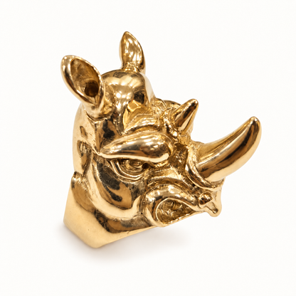 9ct Gold Rhino Head Ring – 36.8g – front view on ivory background