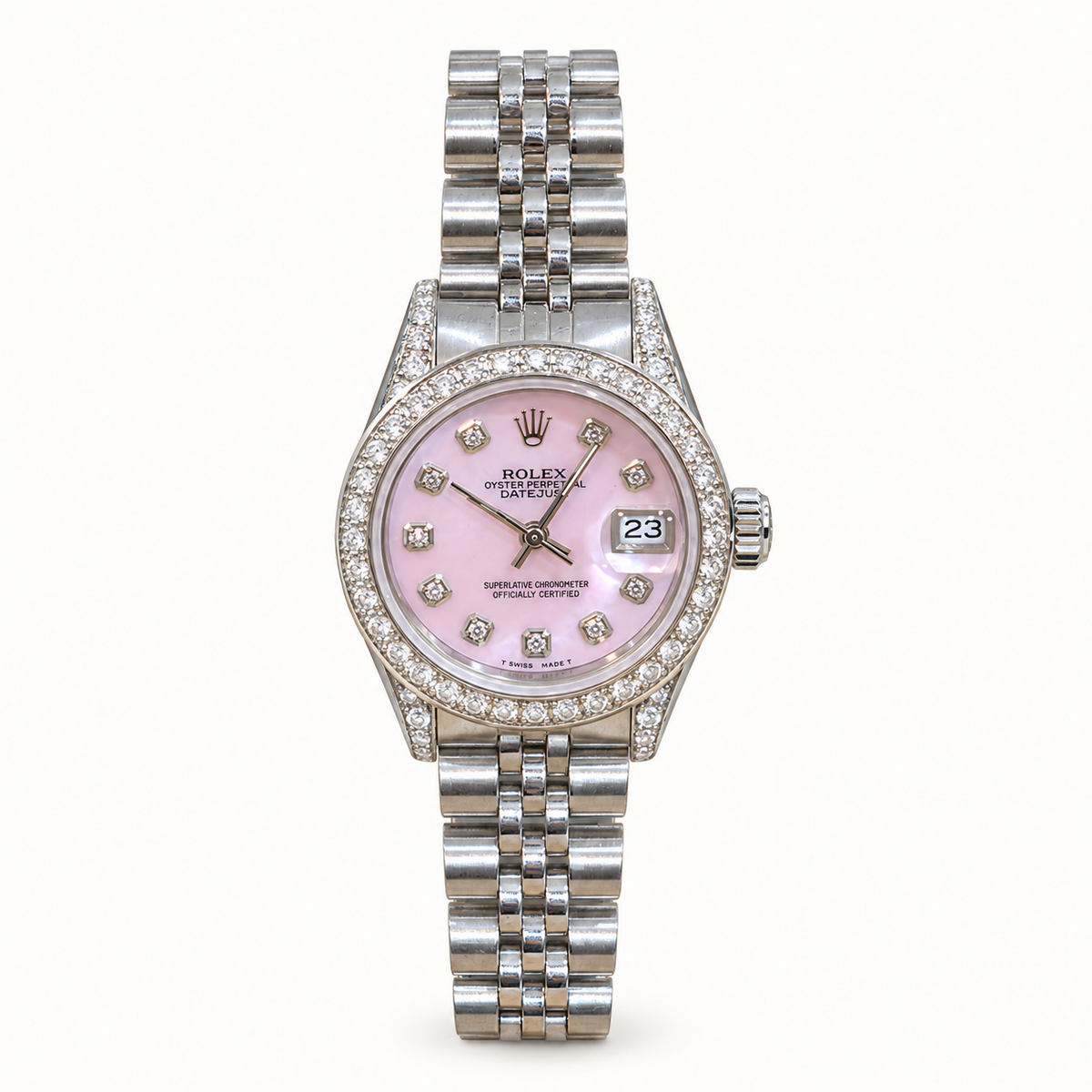 1993 Rolex Datejust 69160 on a Jubilee bracelet with aftermarket diamond bezel and shoulders