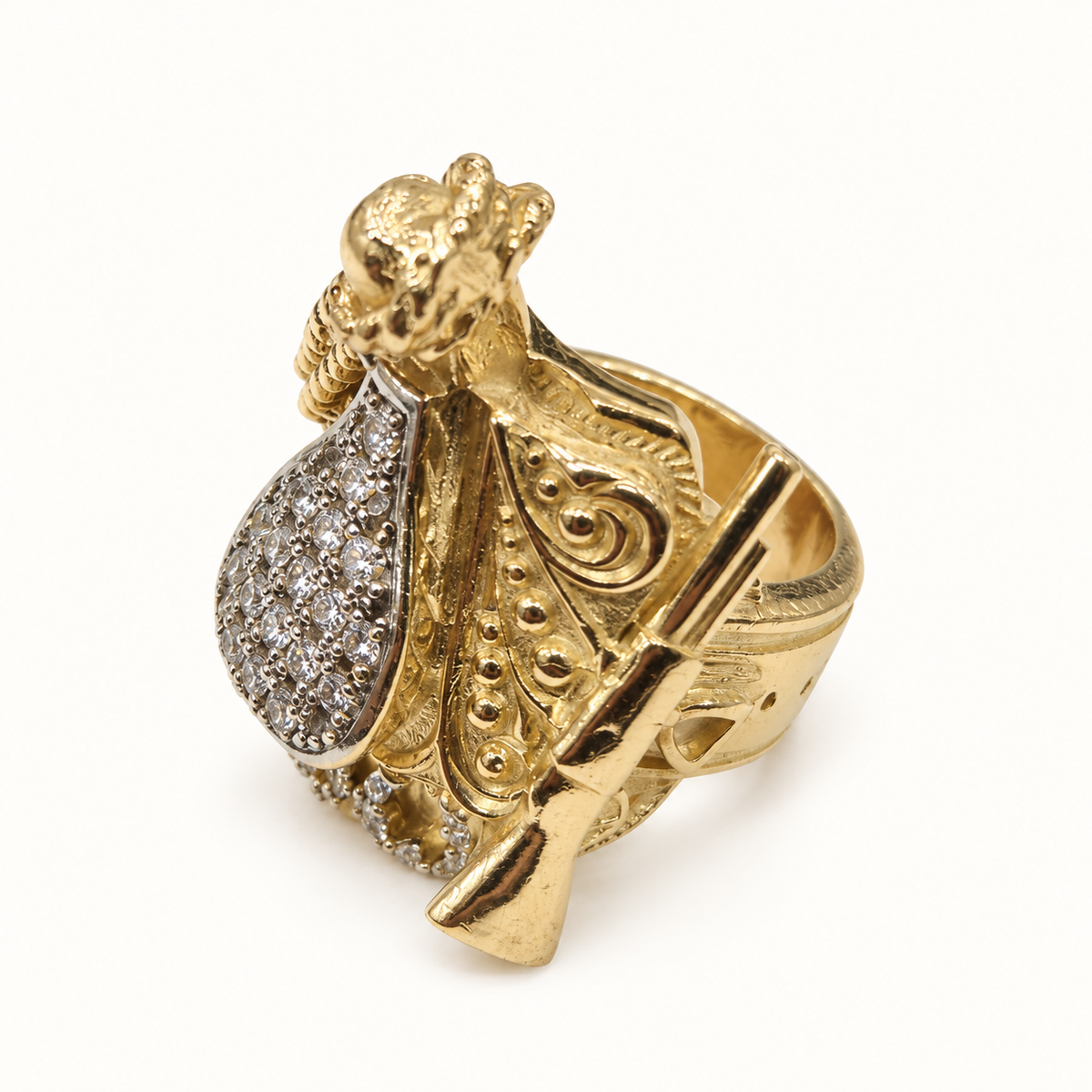 9ct Gold Saddle Rope CZ Ring – 90.1g – right view on ivory background
