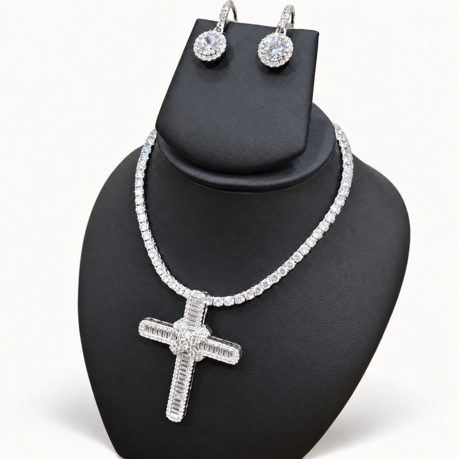 Silver CZ Cross Set