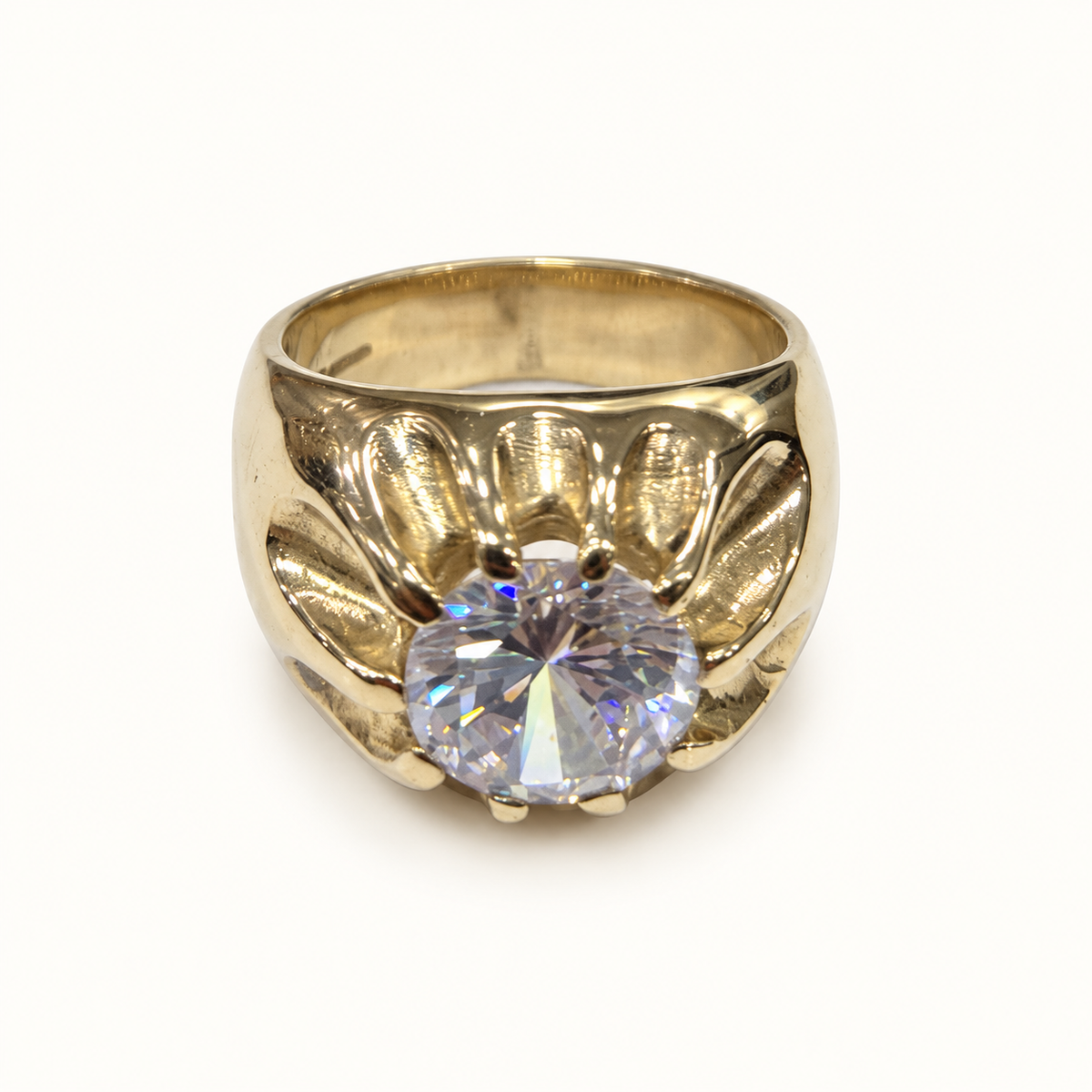 Men's 9ct yellow gold ring, front view on ivory