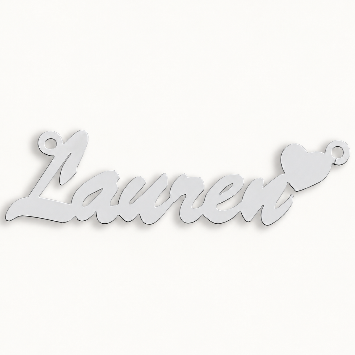 Sterling silver Script Heart personalised nameplate, example Lauren, illustrative image on pale off-white background