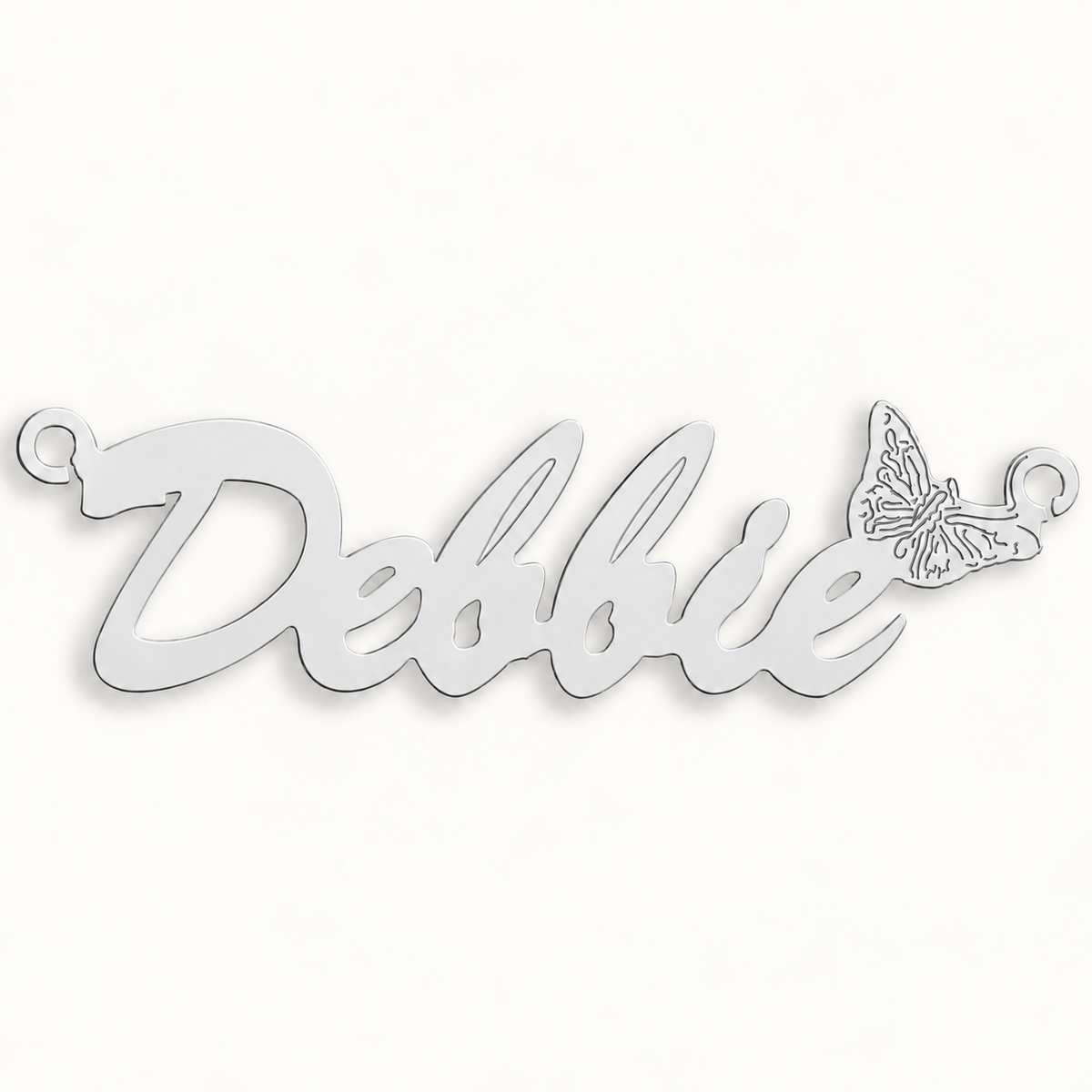 Sterling silver Script Butterfly personalised nameplate, example Debbie, illustrative image on pale off-white background